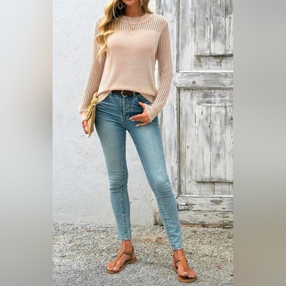 New Sheer Mesh Knit Panel Pullover Top Sweater Beige Tan - Picture 4 of 9